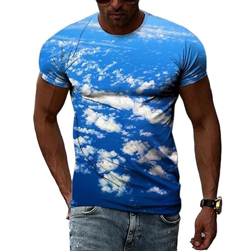 HAN MAN XIU Sommer Neue Blaue Himmel und weiße Wolken Muster 3D T-Shirt Straße Trend Elemente Rundhalsausschnitt Kurze Ärmel Tops von HAN MAN XIU