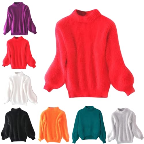 2024 New Angora Cashmere Blend Loose Warm Sweater Casual Thick Fleece Turtleneck Sweater Crewneck Knit Pullover Sweater (Red,One Size) von HANYILI