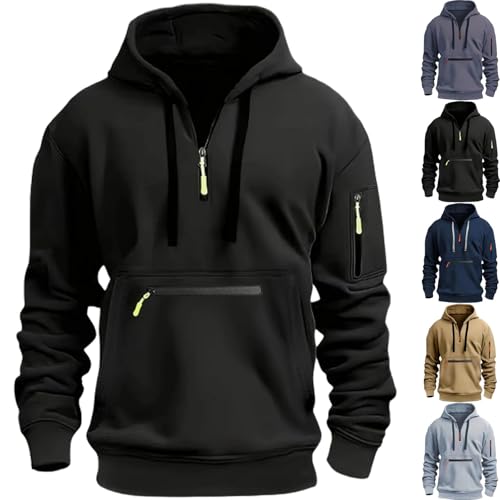 2024 New Quarter Zip Pullover Men Long Sleeve Workout Hoodie Vintage Tactical Jacket Winter Camo Sweater Coats (Black,_3XL) von HANYILI