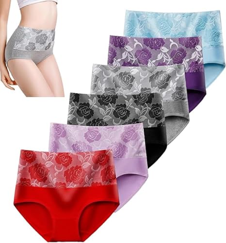 Bloomypink Panties, Rose Jacquard Leakproof Panties, High Waist Tummy Control Leak Proof Panties (6PCS-C,3XL(90kg-100kg)) von HANYILI