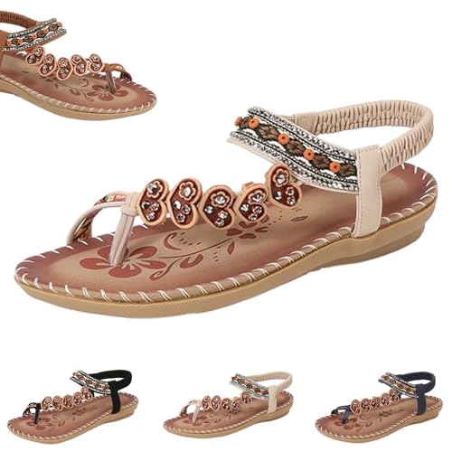 HANYILI 2024 New Bohemian Fashion Non-Slip Orthopedic Sandals Women's Elegant Rhinestone Butterfly Flat Sandals (Apricot,EU-41) von HANYILI