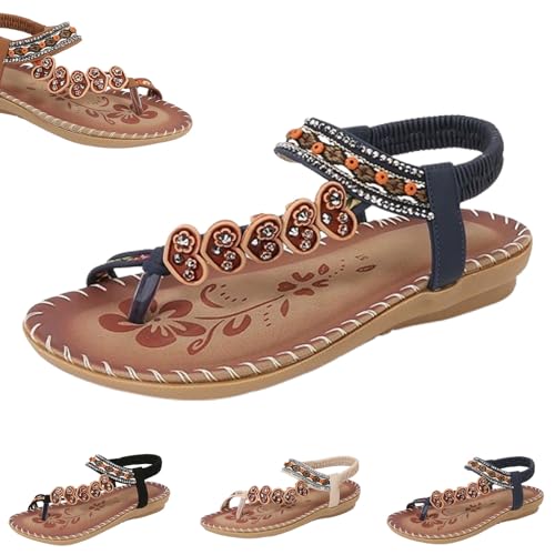 HANYILI 2024 New Bohemian Fashion Non-Slip Orthopedic Sandals Women's Elegant Rhinestone Butterfly Flat Sandals (Blue,EU-39) von HANYILI