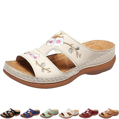 HANYILI 2024 New Hollow Floral Embroidery Women Wedge Sandals with Arch Support Comfortable Orthopedic Sandal Size Plus Size Slippers (Beige,EU-41) von HANYILI