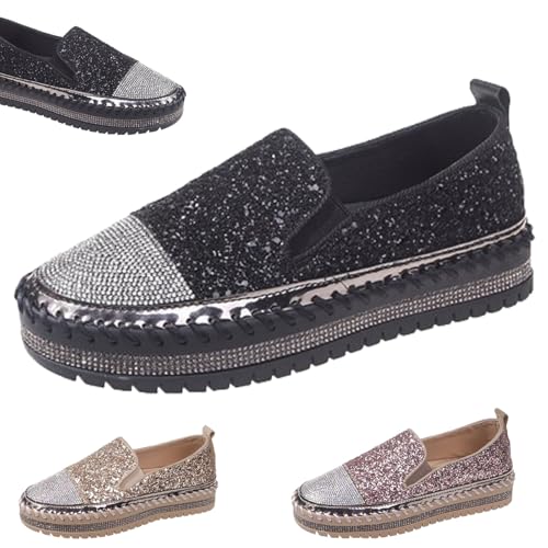 HANYILI 2024 New Women Rhinestone Platform Loafers,Women's Fashion Glitter Slip On Sneakers,Casual Fashion Slip-On Sparkle Bling Flat Loafers (Black,EU-39) von HANYILI