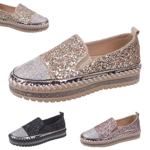 HANYILI 2024 New Women Rhinestone Platform Loafers,Women's Fashion Glitter Slip On Sneakers,Casual Fashion Slip-On Sparkle Bling Flat Loafers (Gold,EU-38) von HANYILI