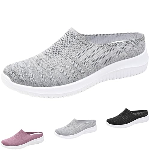 HANYILI 2024 New Women's Breathable Knit Mesh Mules Women's Air Cushion Slip-On Walking Shoes Slip-On Mesh Half Slippers Walking Slippers (Grey,EU-39) von HANYILI