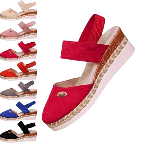 HANYILI 2024 New Women's Elastic Ankle Strap Platform Wedge Sandals Closed Toe Espadrilles Summer Anti Slip Beach Casual Dressy Shoes (Red,EU-40) von HANYILI