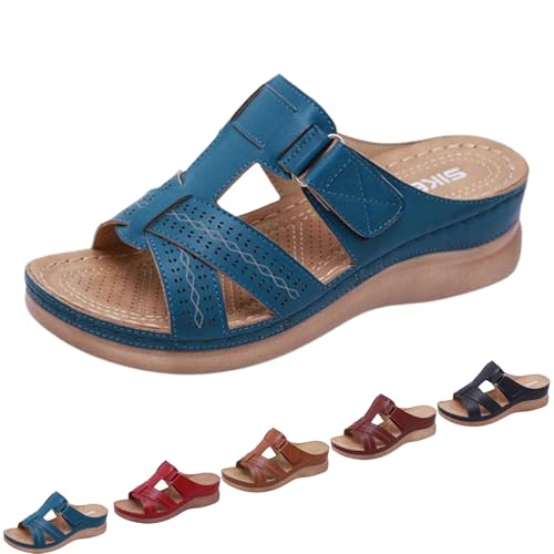 HANYILI Summer Wedge Sandals, Comfortable Women Slip on Slides with Arch Support Adjustable Straps Walking Shoes Sandalias, Comfortable Orthopedic Walking Plantar Fasciitis Slides (Blue,EU-44) von HANYILI