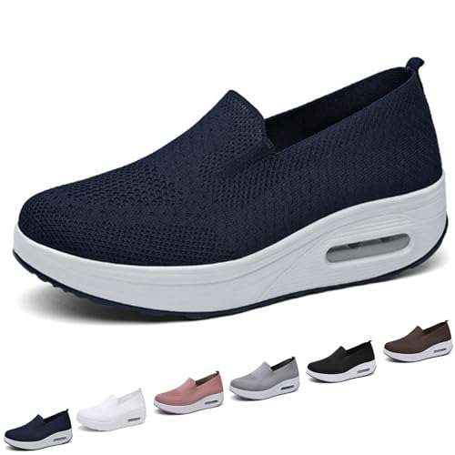 HANYILI Women's Orthopedic Breathable High Sole Shoes, Sandals for plantar fasciitis for women, Slip-On Light Air Cushion Sole Mesh Up Stretch Platform Sneakers (Dark blue,EU-38) von HANYILI