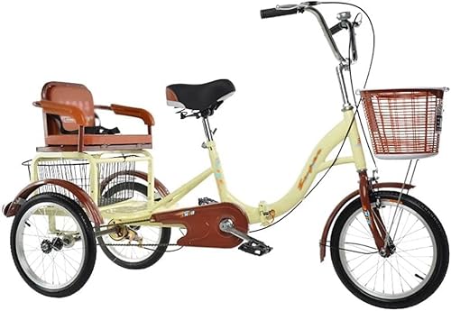 16-Zoll-Dreirad für Erwachsene, dreirädriges Cruiser-Fahrrad, Verstellbarer Sitz und Lenker, dreirädriges Fahrrad für Erwachsene mit Einkaufskorb und Rücksitz, Picknick, Radfahren, Treten (braun von HAONIY