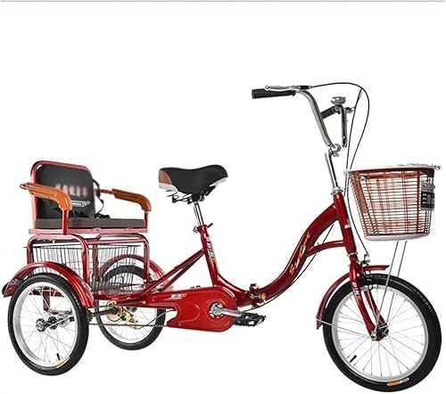 16-Zoll-Dreirad für Erwachsene mit DREI Rädern, Cruiser-Fahrrad, Verstellbarer Sitz und Lenker, 3-Rad-Fahrrad für Erwachsene mit Einkaufskorb und Radfahren auf dem Rücksitz (rot) von HAONIY