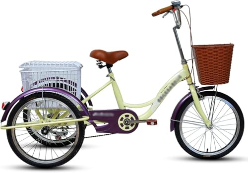 20-Zoll-Dreirad für Erwachsene, Fahrrad mit Kohlenstoffstahlrahmen und großem Korb, dreirädriges Cruiser-Fahrrad, mehrere Farben (Cremefarbe) von HAONIY