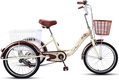 20-Zoll-Dreirad für Erwachsene, Rahmen aus Kohlenstoffstahl, Erwachsenenfahrrad mit Einkaufskorb, dreirädriges Cruiser-Fahrrad für Senioren, Damen und Herren, Radfahren mit Pedalen (Beige) von HAONIY