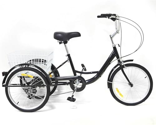 20 Zoll Dreirad für Senioren Erwachsene, Schwarz 3 Rad Fahrrad Tricycle aus Kohlenstoffstahl, 90 Band Bremse Dreirad mit 20KG Tragfähigkeit Korb 120 Kg Tragfähigkeit von HAONIY