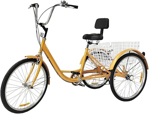24” Erwachsene Dreirad 3 Räder 6 Gang Cruise Tricycle Fahrrad Cityräder mit Einkaufskorb für Erwachsene Senioren,Gelb von HAONIY