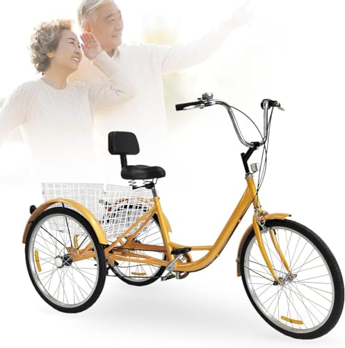 24 Zoll 3 Räder Fahrrad, 6-Gang Dreirad Cityräder mit Einkaufskorb und Rückenlehne 3 Rad City Tricycle für Erwachsene und Seniorenrad (Gelb) von HAONIY