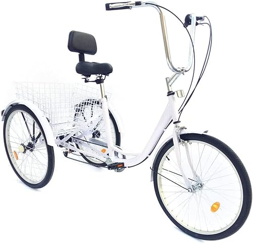 24 Zoll 3 Räder Fahrrad, 6-Gang Dreirad Cityräder mit Einkaufskorb und Rückenlehne 3 Rad City Tricycle für Erwachsene und Seniorenrad (Weiß) von HAONIY