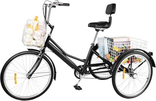 24 Zoll Fahrrad Erwachsenen Dreirad Cityräder 7 Geschwindigkeit 3 Rad Fahrrad Dreirad mit Korb Rahmen aus Aluminiumlegierung Schwarz von HAONIY