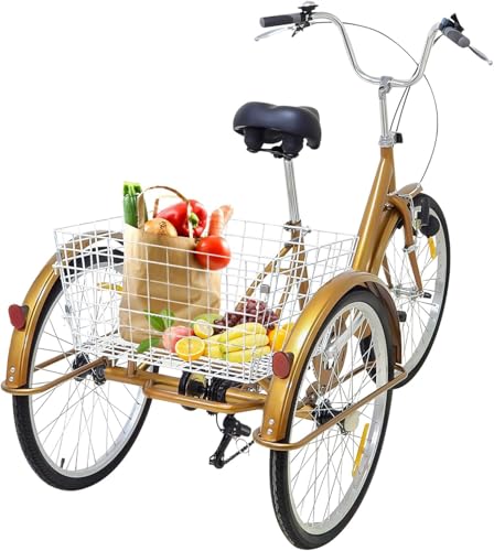 24 Zoll Gold Dreirad für Erwachsene, 6 Geschwindigkeiten Tricycle mit Einkaufskorb und Licht, 3 Räder Fahrrad Erwachsene mit Verstellbarer Lenker für Zum Tragen Von Dingen von HAONIY
