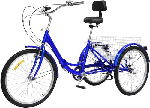 24 Zoll Klapprad Dreirad, Faltbar Dreiräder mit Korb und Schutzbleche 7-Gang Klappräder 3-Rad für Erwachsene Senioren Dreirad mit Rückenlehne (Blau) von HAONIY