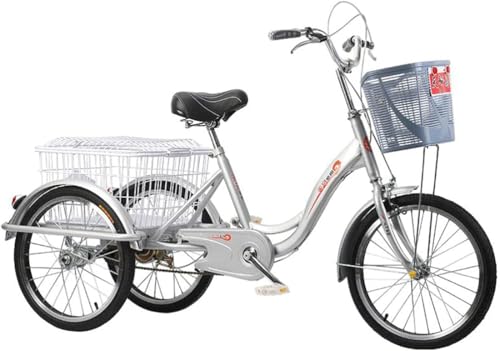 3-Rad-Dreirad für Erwachsene, 20-Zoll-Pedalfahrrad für Erwachsene, Damen, Herren, Senioren, mit Einkaufskorb für Outdoor-Sport, Einkaufen, Picknick (Silber) von HAONIY