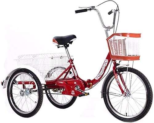 3 Räder 20-Zoll-Dreiräder für Erwachsene, faltbar, Single-Speed-Fahrrad mit Einkaufskorb, dreirädriges Cruiser-Fahrrad, verstellbar, für Senioren, Damen, Herren, Radfahren, Treten (rot) von HAONIY