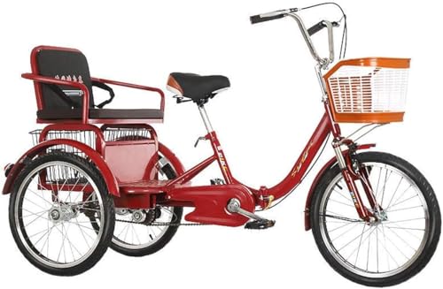 3 Räder Erwachsene Dreiräder 20 Zoll Fahrräder Dreirädrige Fahrräder Cruise Trike mit Einkaufskorb Rücksitz Federgabel für Senioren Frauen Männer Radfahren Treten (Rot) von HAONIY