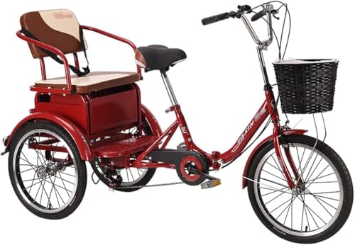 Dreirad für Erwachsene, 20 Zoll, dreirädriges Cruiser-Fahrrad, 6-Gang-Rahmen aus Karbonstahl mit Rücksitz und Einkaufskorb, für Senioren, Damen und Herren, Radfahren, Treten (rot) von HAONIY