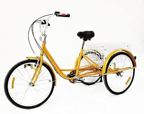Dreirad für Erwachsene 24 Zoll 3 Räder Fahrrad 6 Gang Lastenfahrrad aus Kohlenstoffstahl Tragfähigkeit bis 120kg+25kg(Korb) mit Licht von HAONIY