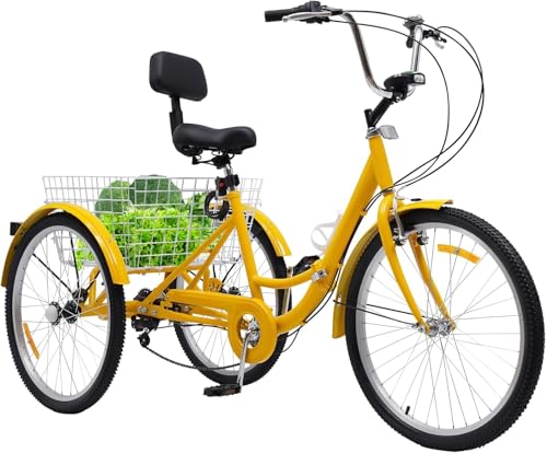 Dreirad für Erwachsene 24 Zoll Klappbar, 3 Räder Adult Fahrrad 7 Gang Mit LED Licht Gemüsekorb，für ältere Menschen,Einkaufen Korb verbreitern von HAONIY
