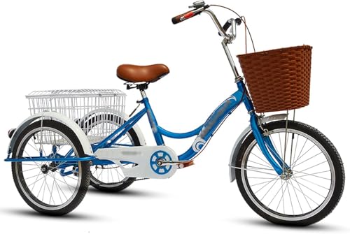 Fahrrad Outdoor-Sport-Dreirad für Erwachsene, Rahmen aus Kohlenstoffstahl mit großem Korb, dreirädriges Cruiser-Fahrrad für Freizeit, Einkaufen, Picknicks, Übungen (Himmelblau) von HAONIY