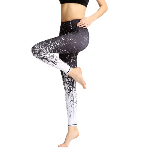 HAPYWER Yoga Leggings Damen High Waist Yogahose Bunt Gym Sport Leggings Tummy Control Running Workout - Stretch Kompressionshose mit Aufdruck für Frauen(Bambusblatt,L) von HAPYWER