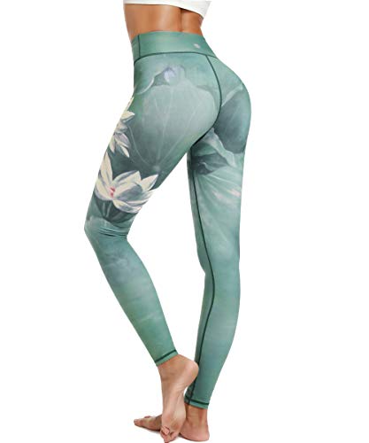 HAPYWER Yoga Leggings Damen High Waist Yogahose Bunt Gym Sport Leggings Tummy Control Running Workout - Stretch Kompressionshose mit Aufdruck für Frauen(Lotos Grün,XXL) von HAPYWER