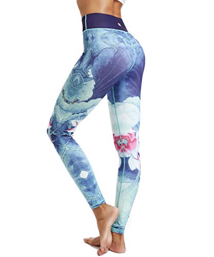 HAPYWER Yoga Leggings Damen High Waist Yogahose Bunt Gym Sport Leggings Tummy Control Running Workout - Stretch Kompressionshose mit Aufdruck für Frauen(Hellblau,XXL) von HAPYWER
