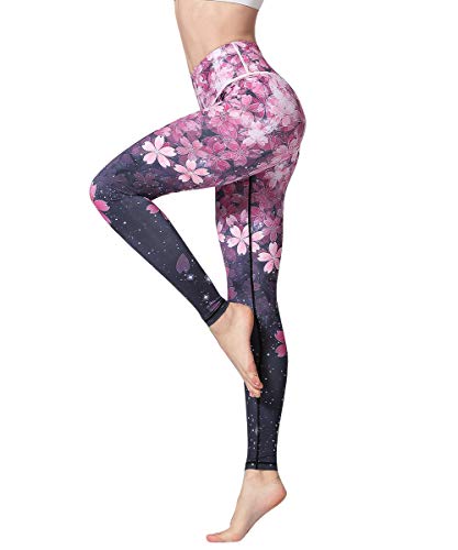 HAPYWER Yoga Leggings Damen High Waist Yogahose Bunt Gym Sport Leggings Tummy Control Running Workout - Stretch Kompressionshose mit Aufdruck für Frauen(Kirschblüte,XL) von HAPYWER