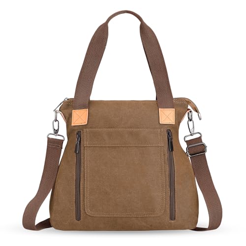 HAWEE Canvas Damen Handtasche mit Schultergurt Shopper Tote Bag Große Schultertasche Umhängetasche RetroTragetasche Leichte Henkeltasche für Reisen Arbeit Schule Einkaufen Strand Alltag, Braun von HAWEE