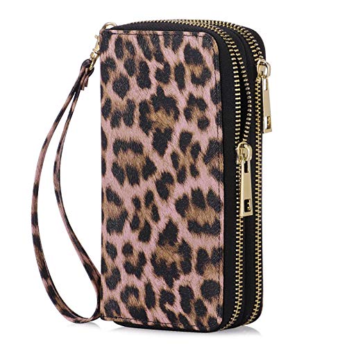 HAWEE Damen Lange Clutches Geldbörse Handschlaufe Portemonnaie Doppelter Reißverschluss Brieftasche Handy Geldbörse mit Mehreren Karten Slots für Münzen Bargeld Rechnung (Rosa Leopard) von HAWEE