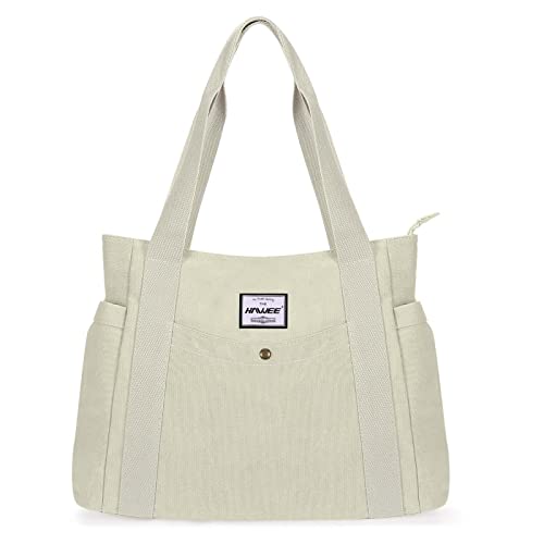 HAWEE Canvas Damen Handtasche Shopper Tote Bag Große Schultertasche mit Reißverschluss Umhängetasche RetroTragetasche Leichte Henkeltasche für Reisen Arbeit Schule Einkaufen Strand Alltag, Weiß HAWEE Canvas Damen Handtasche Shopper Tote Bag Große Schultertasche mit Reißverschluss Umhängetasche RetroTragetasche Leichte Henkeltasche für Reisen Arbeit Schule Einkaufen Strand Alltag, Weiß von HAWEE