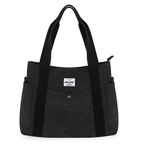HAWEE Canvas Damen Handtasche Shopper Tote Bag Große Schultertasche mit Reißverschluss Umhängetasche RetroTragetasche Leichte Henkeltasche für Reisen Arbeit Schule Einkaufen Strand Alltag, Schwarz HAWEE Canvas Damen Handtasche Shopper Tote Bag Große Schultertasche mit Reißverschluss Umhängetasche RetroTragetasche Leichte Henkeltasche für Reisen Arbeit Schule Einkaufen Strand Alltag, Schwarz von HAWEE