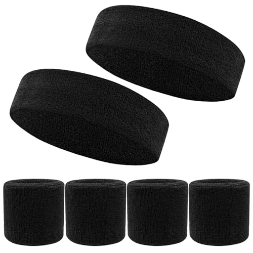 6 Stück Sport Wristbands Headbands Set für Damen Herren,Schweißband Set mit 4 Schweißbändern für die Handgelenke und 2 Stirnband Sportstirnband für Fußball Basketball Tennis Gymnastik-Schwarz von HBERCAI