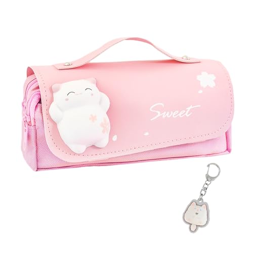 HDGSAFD Federmäppchen, Katze, 1 Stück mit 1 Katzen-Anhänger, Cartoon-Schulbedarf, Aufbewahrungstasche für Schreibwaren, tragbares Federmäppchen, Federmäppchen mit 3 Fächern., Rosa, Niedlich HDGSAFD Federmäppchen, Katze, 1 Stück mit 1 Katzen-Anhänger, Cartoon-Schulbedarf, Aufbewahrungstasche für Schreibwaren, tragbares Federmäppchen, Federmäppchen mit 3 Fächern., Rosa, Niedlich von HDGSAFD