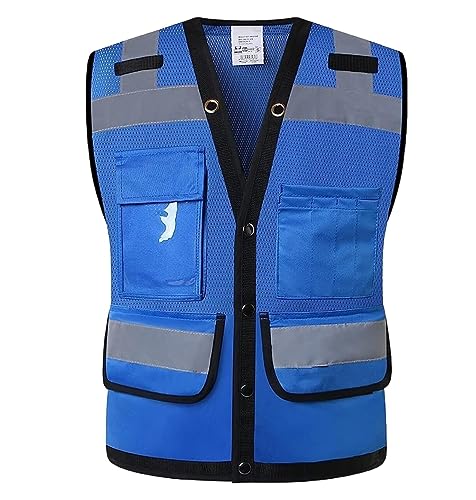 HDICUHNANU Industrielle Warnweste Wasserdicht Hochsichtbare Reflektierende Sicherheitsweste Mit Taschen, Arbeitsweste Für Den Sommer Für Herren ReißVerschluss Reflektierende Weste(Blue,M) von HDICUHNANU