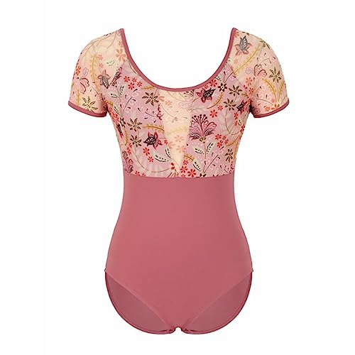 HEARTTOUCH Ballett Leotard Damen Bedruckt Tanz Trikots Balletttrikot Kurzarm Tanzbody Turntrikot Gymnastikanzug Turnanzug (Rosa C,S) von HEARTTOUCH