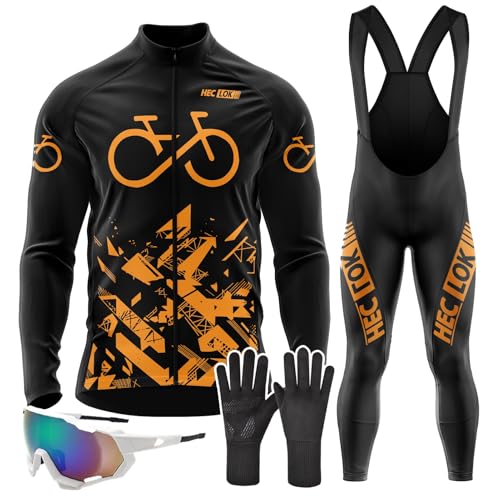 Fahrradbekleidung Set, Herren Langarm Radsportanzüge Radtrikot Set Radfahren Kleidung Langärmeliges Fahrradtrikot mit 9D Gel Gepolsterten Trägerhosen, Trikot Radfahren MTB (TYP-6,XS) von HECLOK