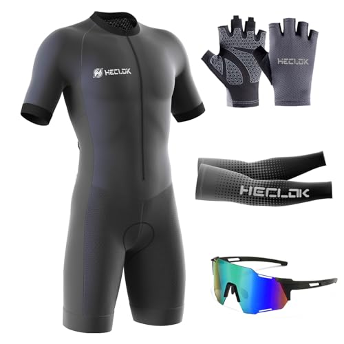 Herren Fahrrad Skinsuit, Triathlon Anzug，Radsportanzug gepolstert einteilig Trisuit Bike，Herren Triathlon Tri Anzug Kompression Duathlon Laufen Schwimmen Fahrradfahren Skinsuit (TYP-7,5XL) von HECLOK