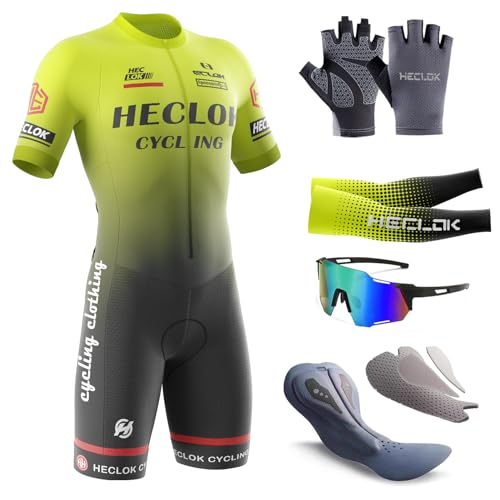 Herren Fahrrad Skinsuit,Kurzarm-Radsportanzug，Gepolstert einteilig Trisuit Bike Short Trisuit Einteiler für Wettkampf，Handgefertigter Hochdichter Schwamm in Wettkampfqualität Gepolstert (TYP-4,XL) von HECLOK