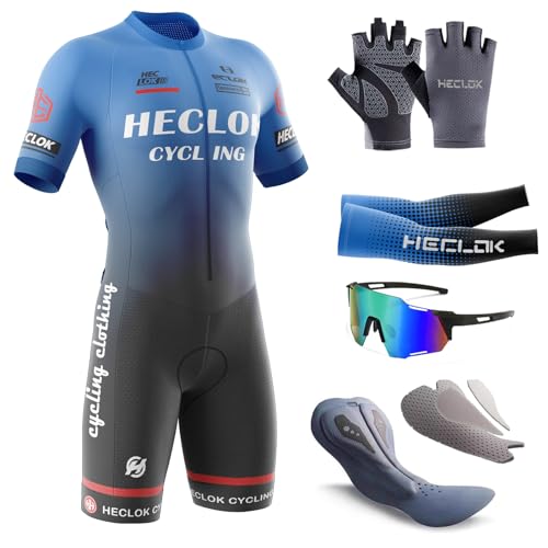 Herren Fahrrad Skinsuit,Kurzarm-Radsportanzug，Gepolstert einteilig Trisuit Bike Short Trisuit Einteiler für Wettkampf，Handgefertigter Hochdichter Schwamm in Wettkampfqualität Gepolstert (TYP-9,L) von HECLOK