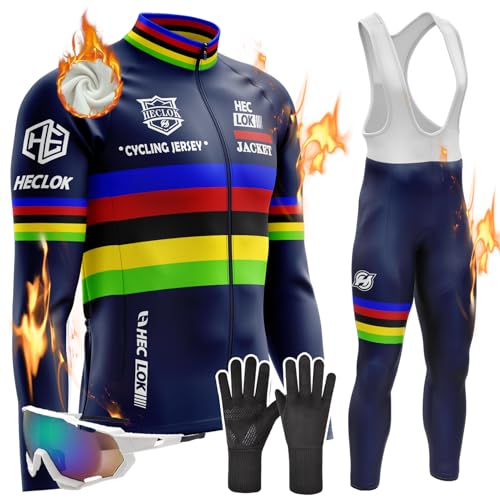 Herren Fahrradbekleidung Set Herren Radsportanzüge mit Thermofleecefutter Langarmtrikot Herbst Winter Radtrikot Set mit 9D Polster Hosen für MTB Rennrad, Radfahren MTB Outdoor (TYP-3,S) von HECLOK