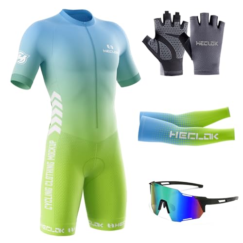 Herren Pro Fahrrad Skinsuit Kurzarm, Triathlon Anzug Herren Triathlon Tri Anzug Kompression Duathlon Laufen Schwimmen Fahrradfahren Skinsuit Gepolstert Einteilig Trisuit (TYP-1,XL) von HECLOK