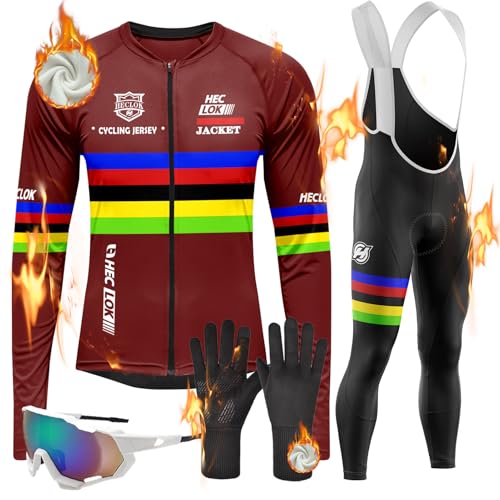 Herren Radsportanzüge mit Thermofleecefutter Langarmtrikot Winter Radtrikot Set Radfahren Kleidung Langärmeliges Fahrradtrikot Fahrradhose + 9D Gel für Radfahren MTB Outdoor (TYP-6,XS) von HECLOK